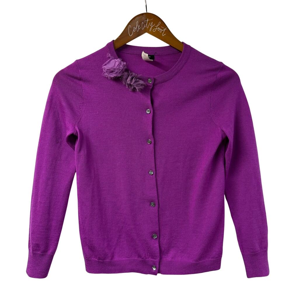 J Crew Cardigan Sweater Fitted XS 100% Merino Wool Purple Floral Appliqué